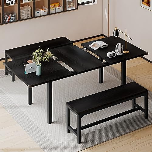 PPDMBIUU 3-Piece Dining Table Set with 2 Benches  Extendable Dining Room Table for 4-8  Kitchen Table Set with Metal Frame & Wooden Board  Easy Clean  Walnut