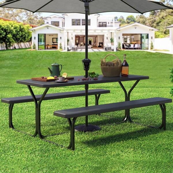 6 ft. Black Outdoor Picnic Table and Bench with Umbrella Hole