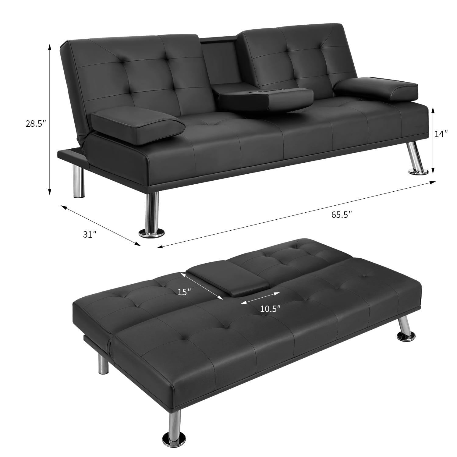Vineego Modern Faux Leather Couch Convertible Folding Futon Sofa Bed with 2 Cup Holders, Black