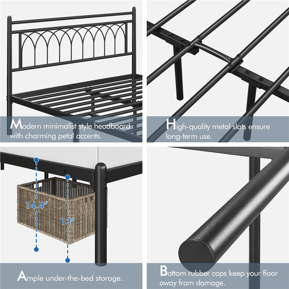 Easyfashion Jasmine Modern Metal Bed Frame with Petal Accented Headboard,Queen, Black
