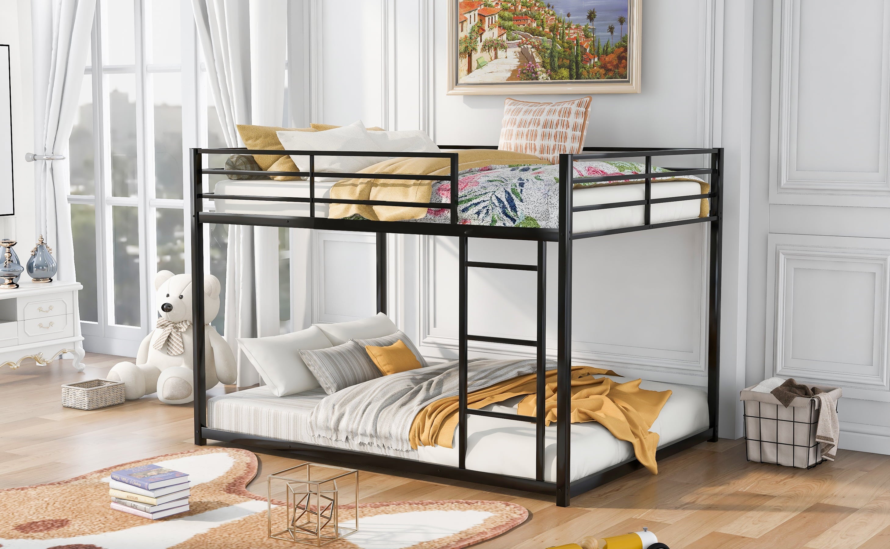 Euroco Full Metal Low Bunk Bed with Ladder, Black