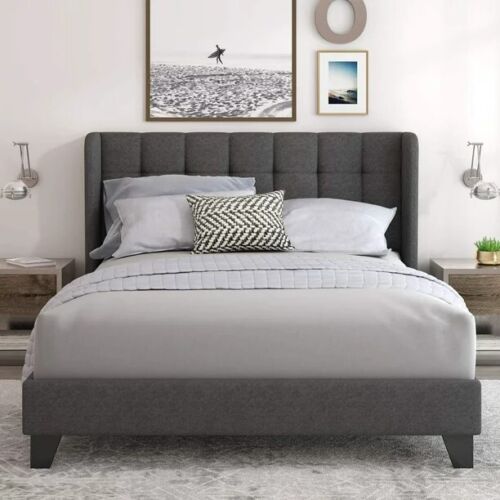 Queen Platform Bed Frame with Square Stitched Headboard, Dark Grey