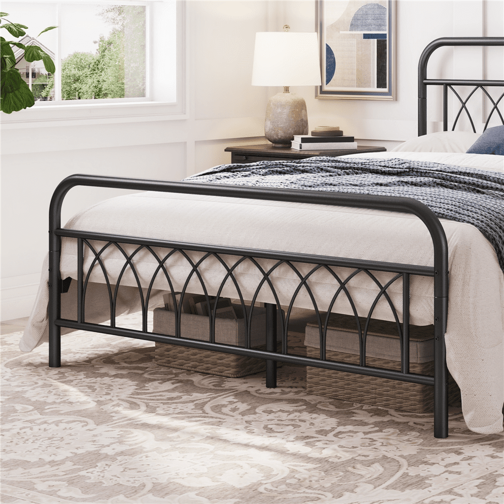 Topeakmart Metal Platform Bed Frame with Petal Accented Headboard and Footboard, Queen Size, Black