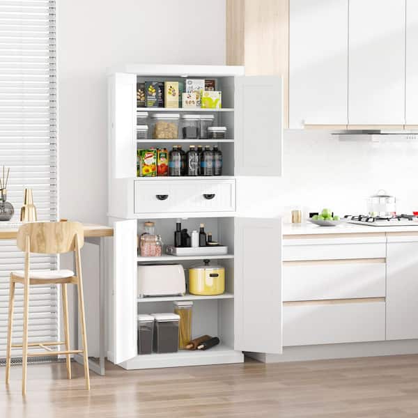 White Freestanding Kitchen Cabinet Pantry with 3-Adjustable Shelves