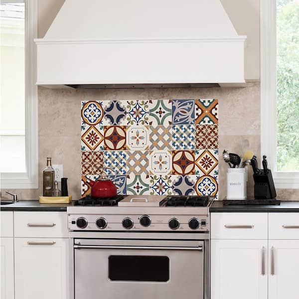 Red Semi-Gloss Azulejos Kitchen Panel