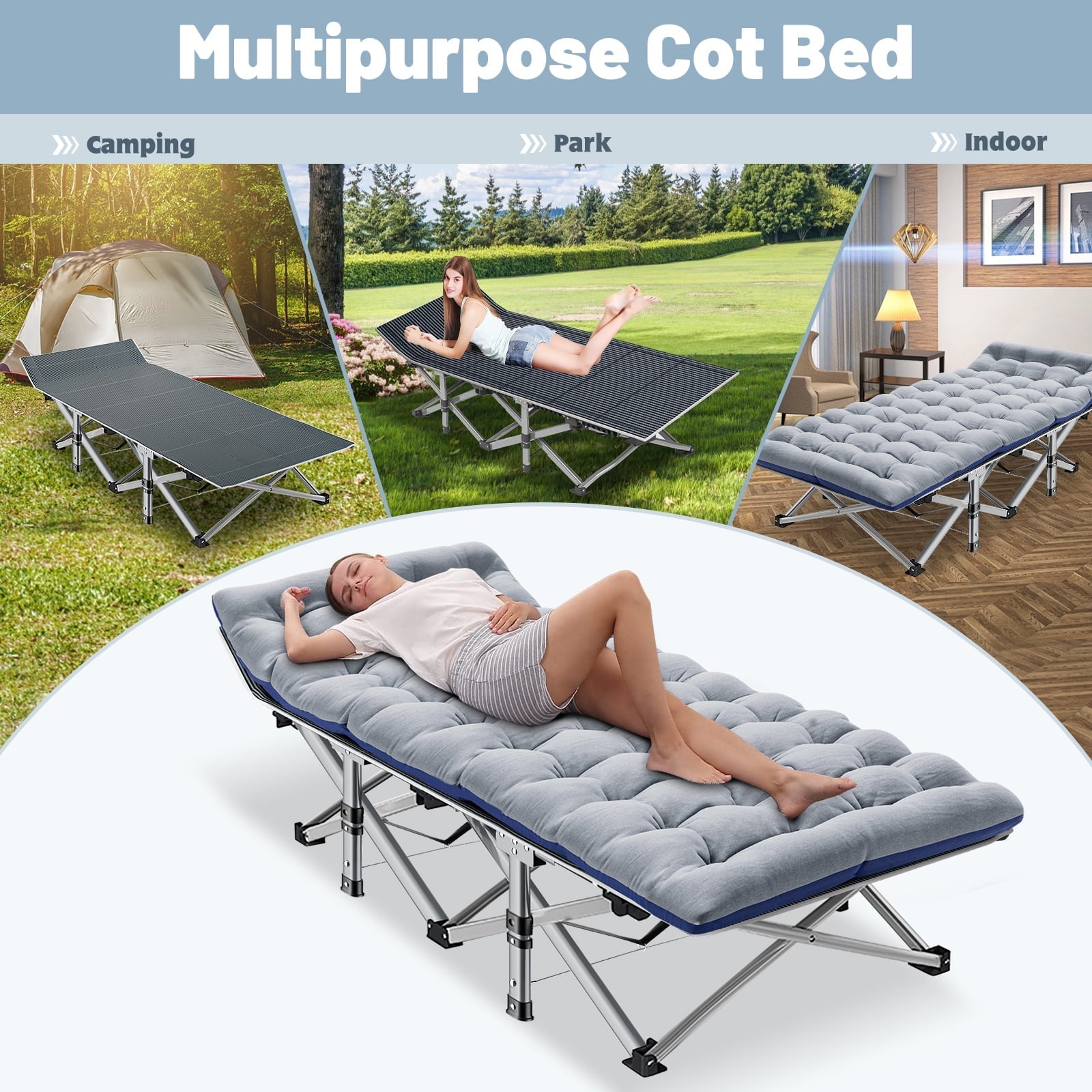 MOPHOTO Portable Folding Bed for Adults, Camping Cot with Pearl Mattress & Carrying Bag, Heavy Duty Outdoor Sleeping Cot Bed