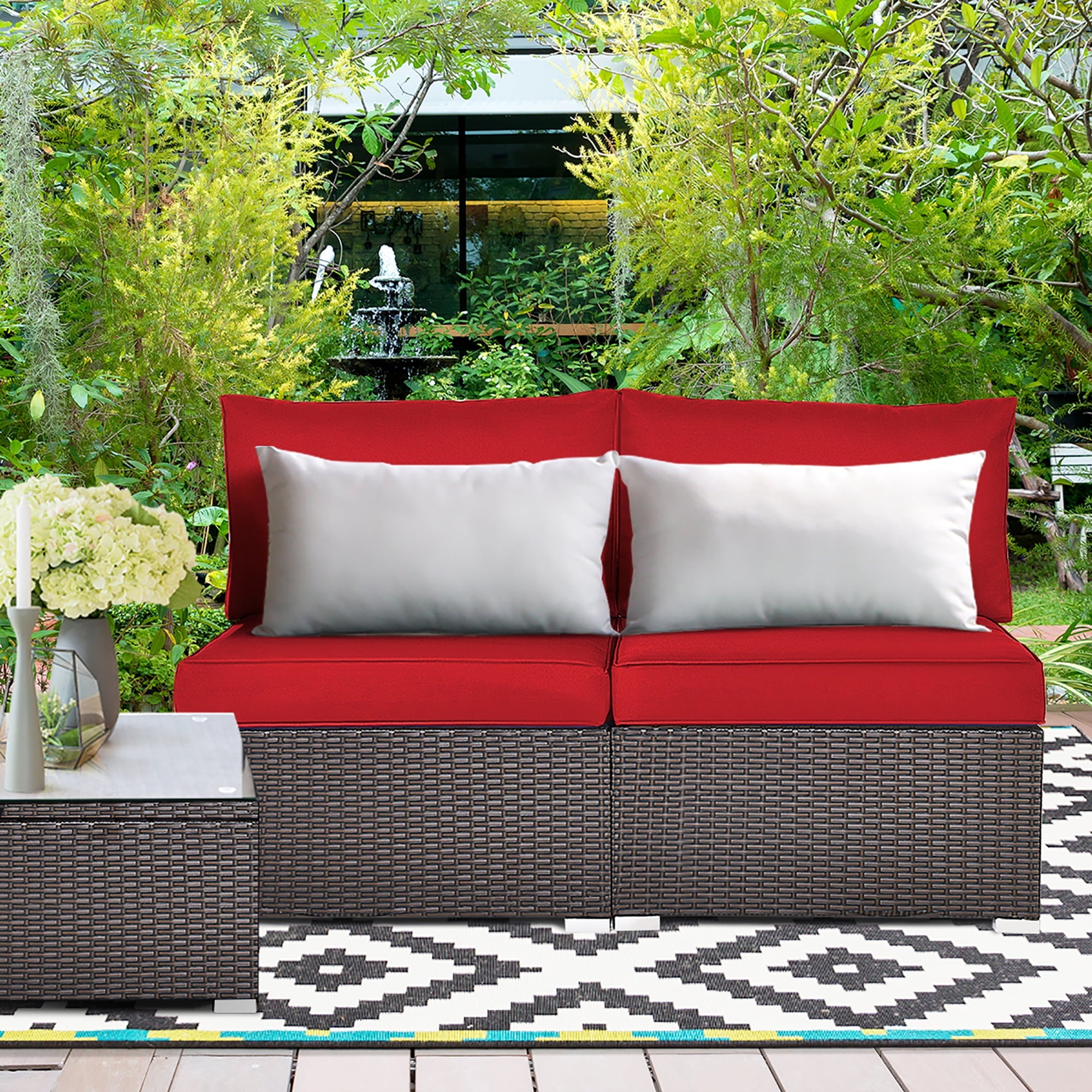 Costway 2PCS Patio Rattan Armless Sofa Sectional Conversation Furniture Set  W/Cushion Red