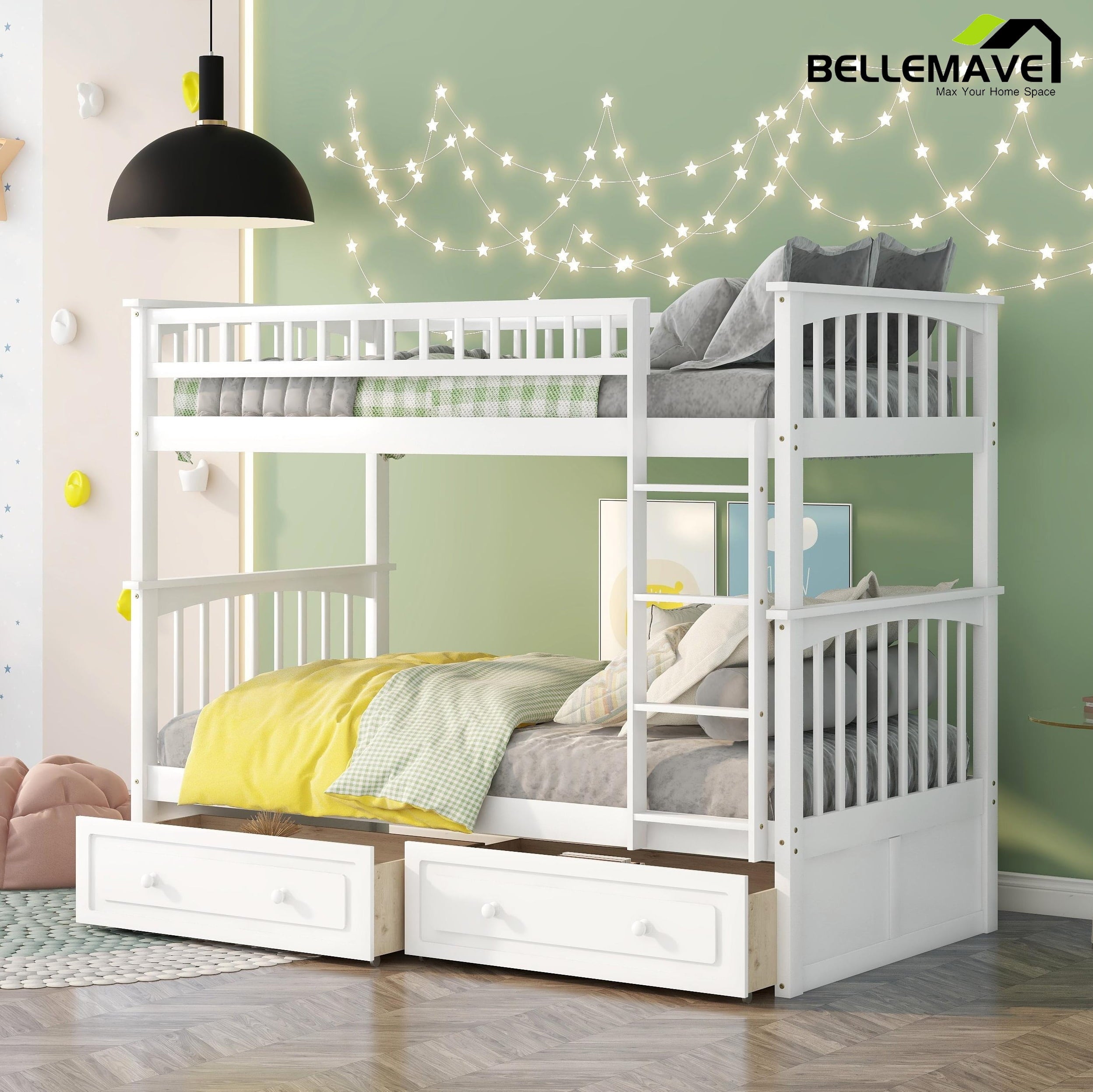 Bellemave Twin Over Twin Bunk Bed with Storage 2 Twin Bunk Bed with Drawers Safe Kids Bed Frame with Ladder and Guardrail Detachable Wood Twin Bunk Bed, White