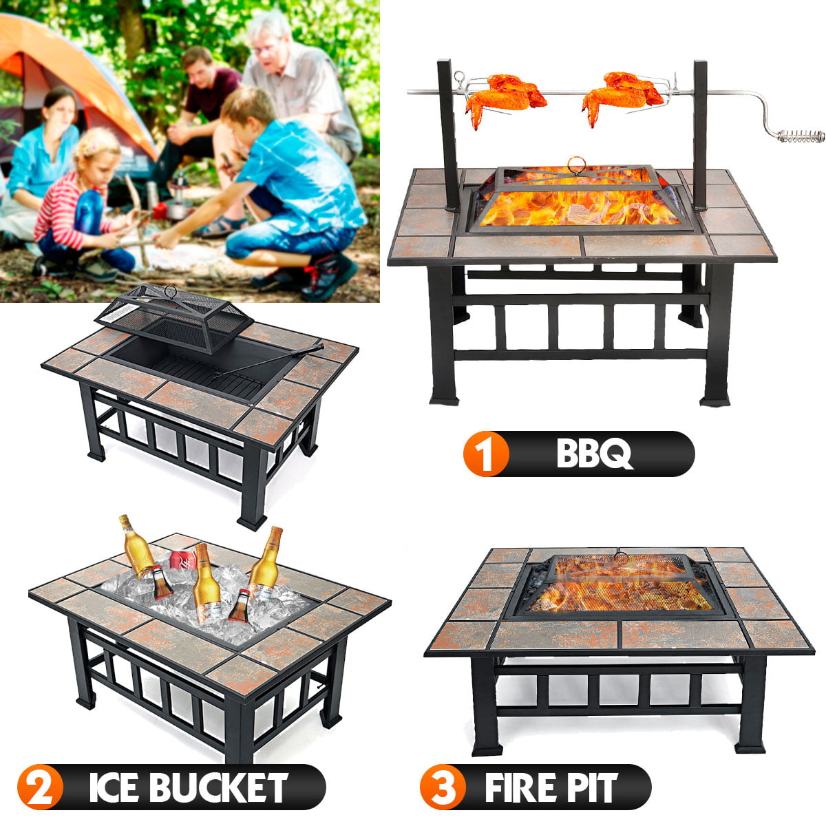 Fire Pits For Outside 37 inch Wood Burning Fire Pit Table With BBQ Grill Cooking Grate Lid Outdoor Fireplace Metal Square Tile Top Firepit Patio Backyard Garden,Black