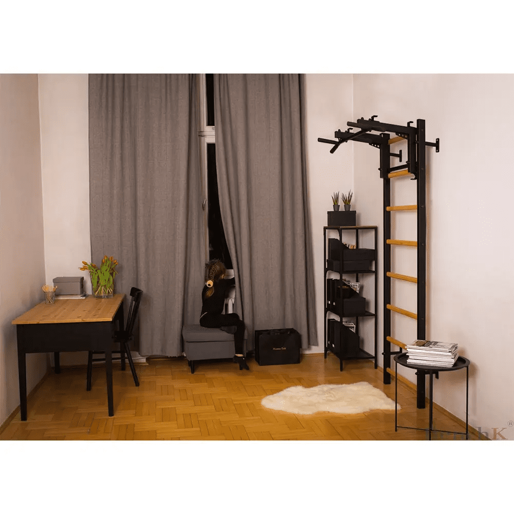 BenchK 231 Black Wall bars with convertible steel 6-grip pull-up bar that can also be used as a barbell holder