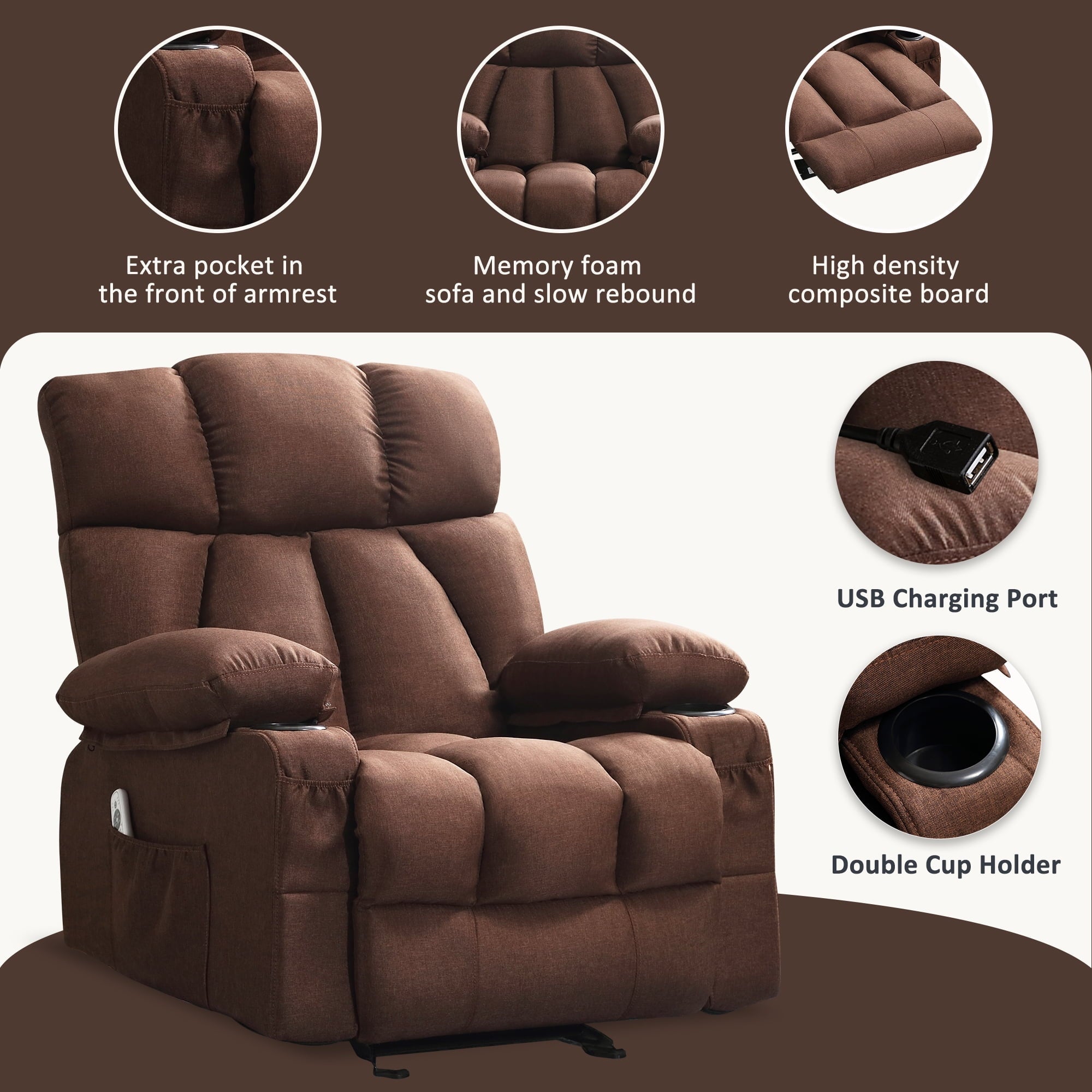 JONPONY Manual Recliner Chair with Heat Therapy and Massage Function, Heavy Duty Reclining Mechanism Massage Chair, Elderly Single Rocker Sofa with Cup Holders for Bedroom Home Theater,Brown