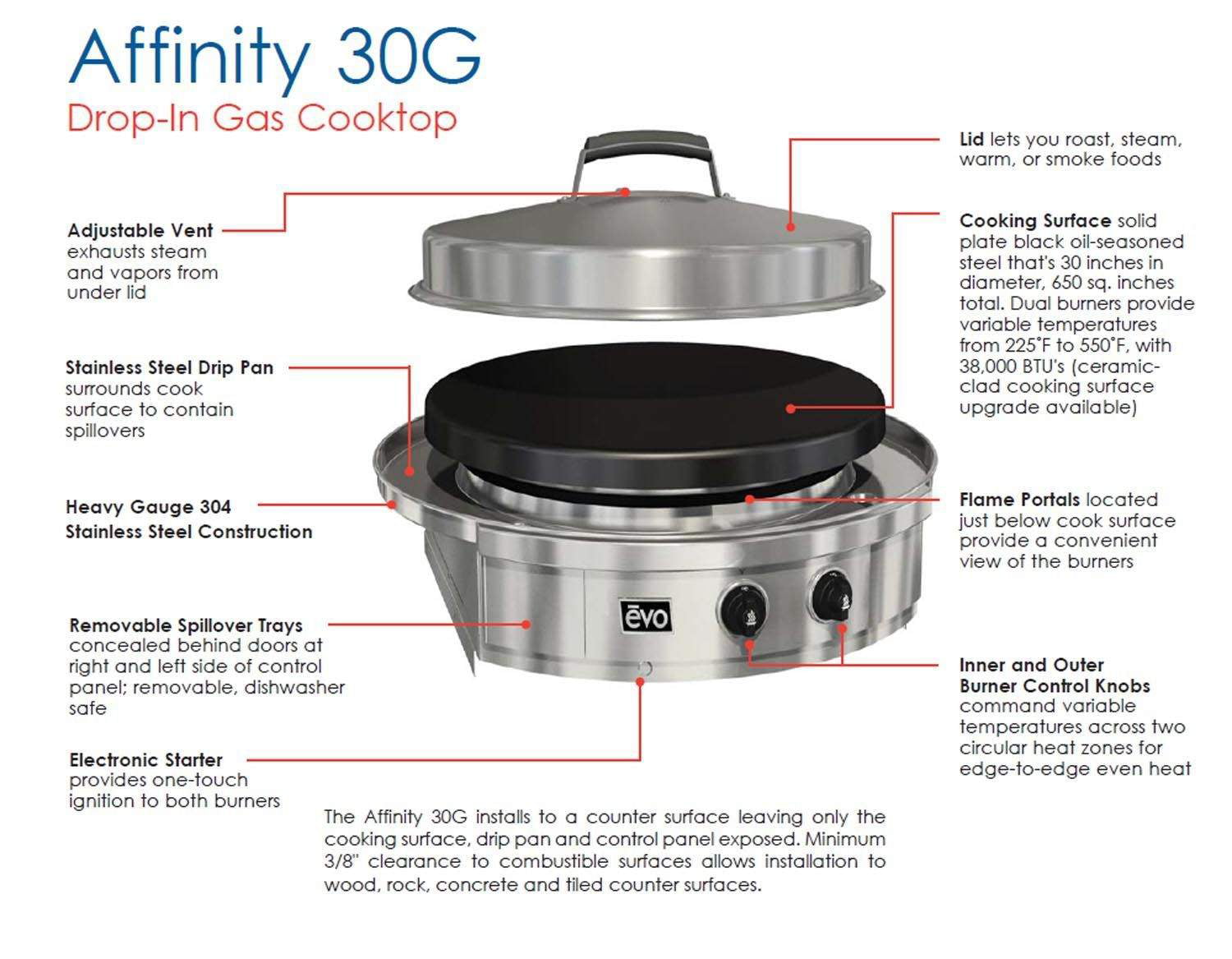 Evo Affinity 30G Series Built-in Grill, Seasoned Steel Cooktop, Natural Gas