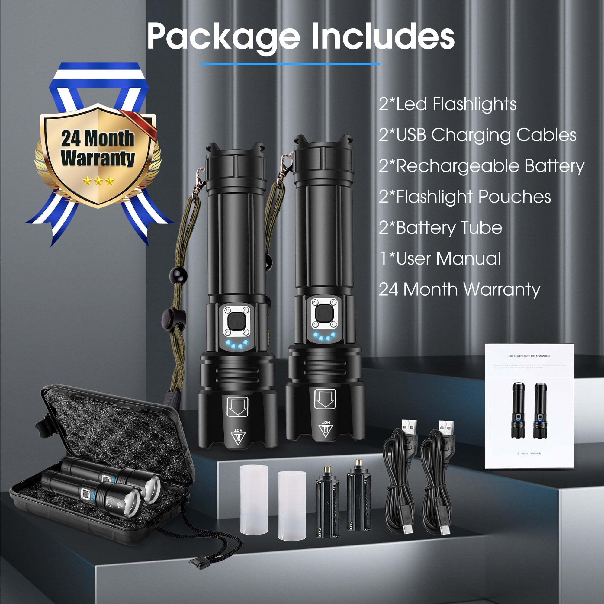 Ifanze Powerful LED Flashlight ,100000 High Lumens 5 Modes Waterproof Super Bright XHP70.2 Bulb Rechargeable Flashlights, Zoomable Torch for Emergency Hiking Hunting Camping, Black