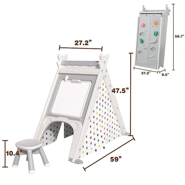 4-in-1 White Teepee Foldable Playhouse Tent Kids Toy with Stool and Clamber