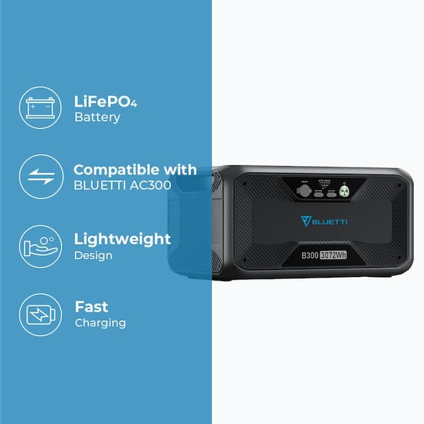 3072Wh LiFePO4 Expansion Battery for AC300/AC200MAX/AC200P/EP500, DC Power Source with 100-Watt USB-C, Outdoor Use