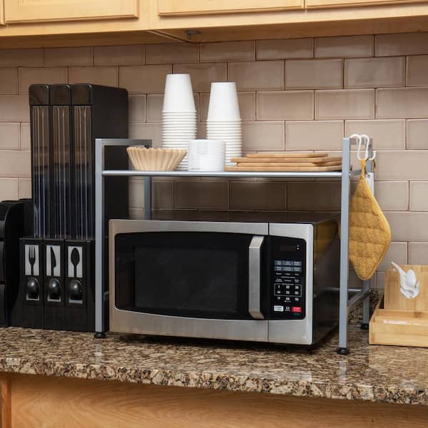 Metal Top Microwave Shelf Counter Unit with 2 Hooks in Silver