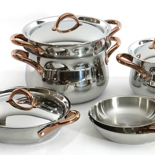 Ouro 11-Piece Stainless Steel Nonstick Cookware Set in Silver and Rose Gold