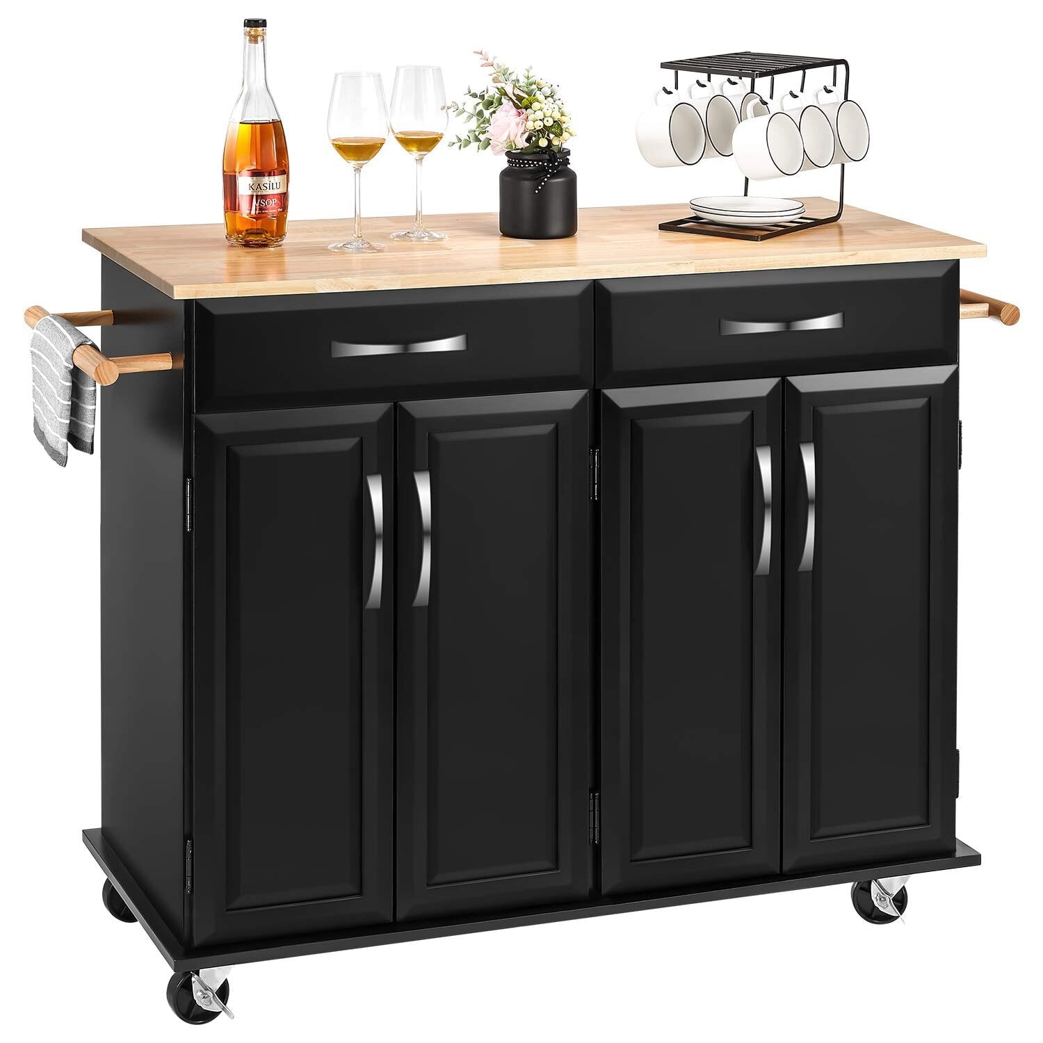 Homfa Kitchen Island on Wheels, Rolling Island Cart with Lockable Casters, Handle Towel Rack and 2 Drawers, Black