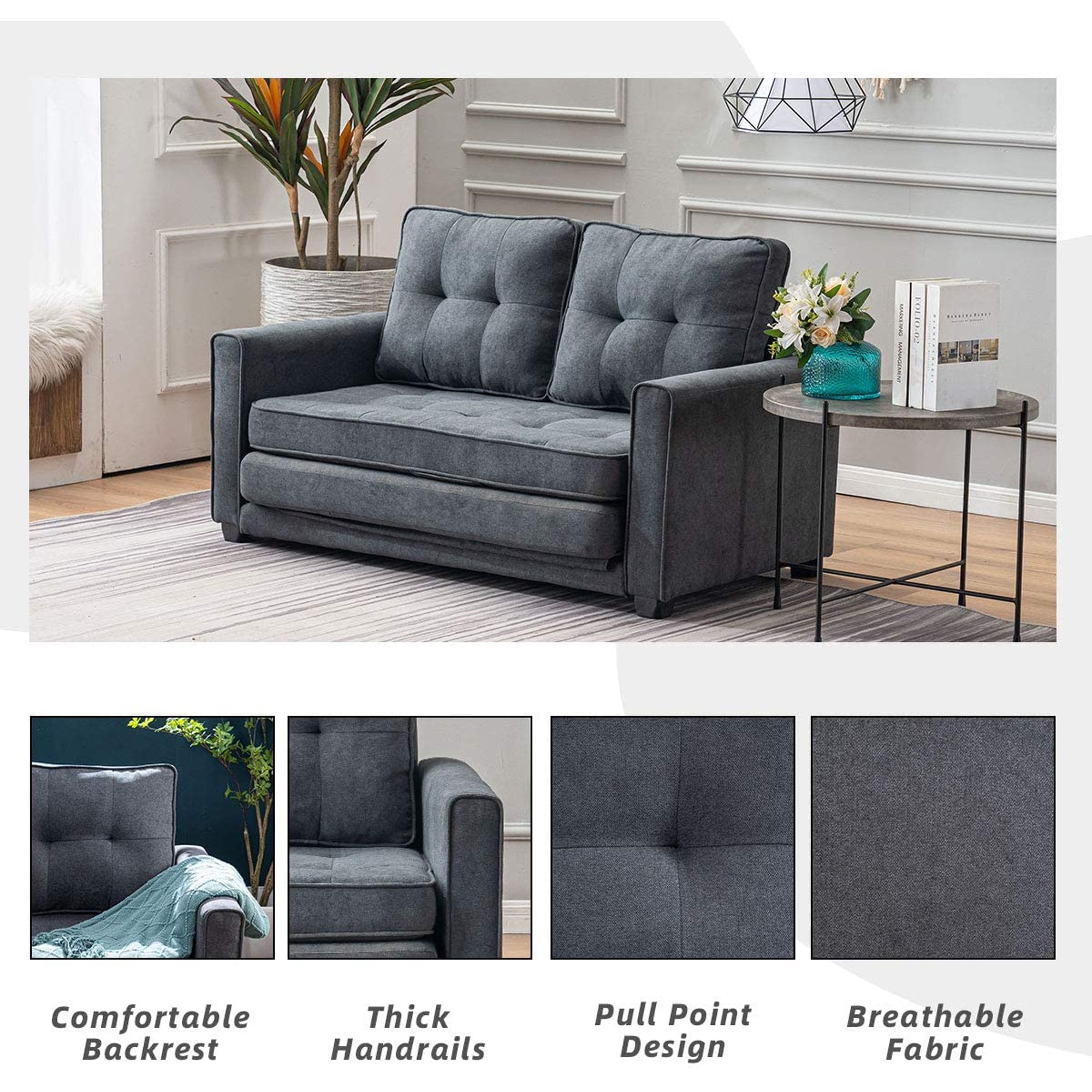 Erommy Modern Sofa Bed Upholstered Fabric Loveseat Sofa Folding Gary