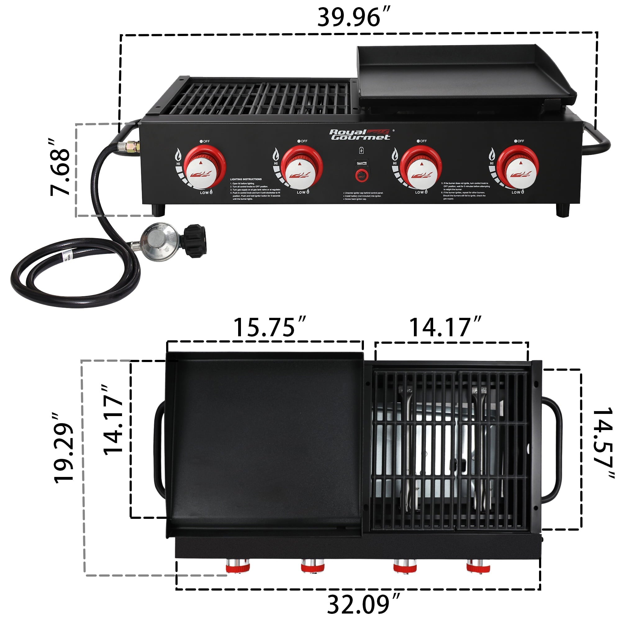 Gourmet 4-Burner GD4002T Portable Gas Grill and Griddle Combo, 40000 BTU