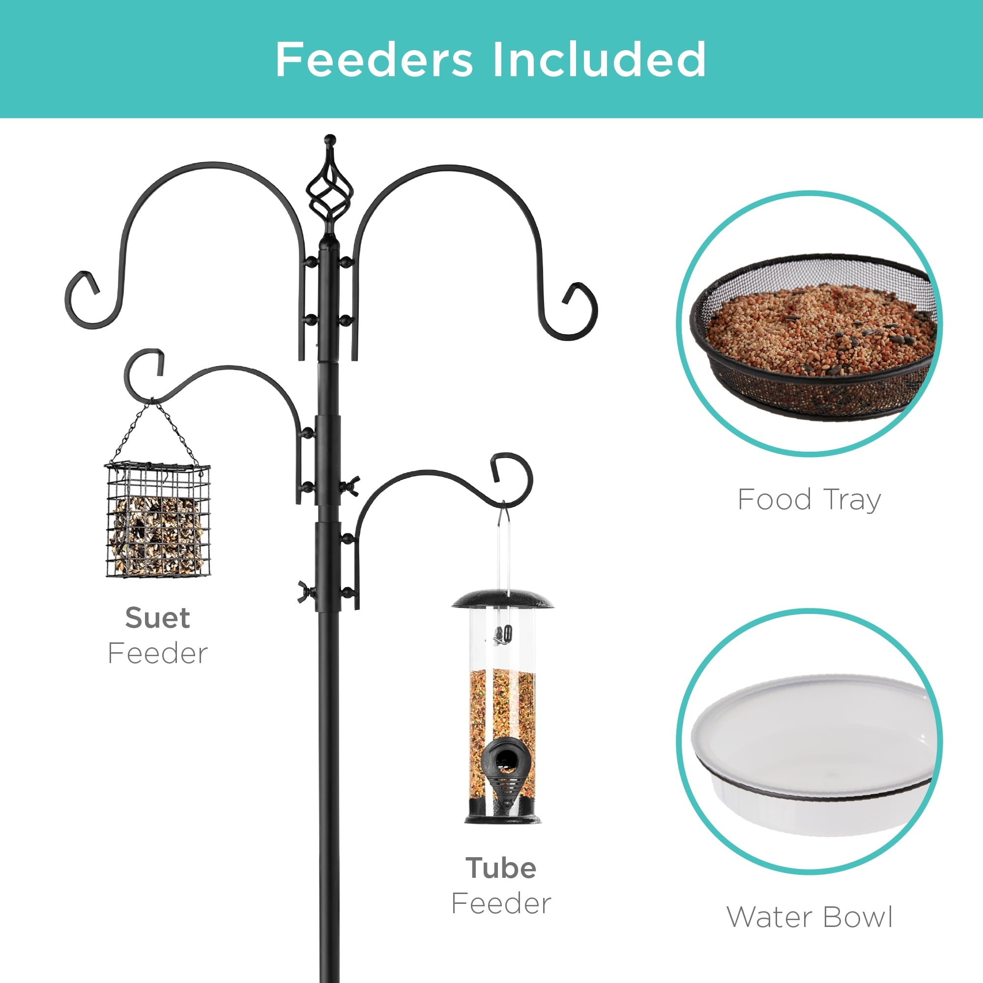 Best Choice Products 91in 4-Hook Bird Feeding Station, Steel Multi-Feeder Stand w/ 2 Feeders, Tray, Bird Bath - Black