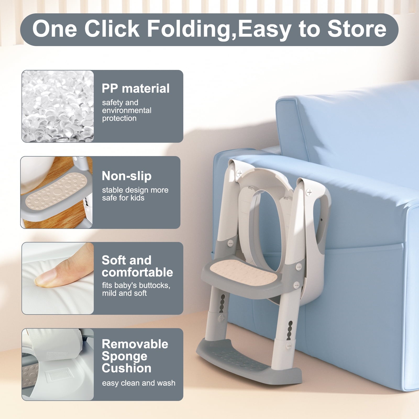 KORIMEFA Baby Potty Training Seat, Potty Toilet Seat, Foldable Toddler Toilet Potty Chair, Toilet Trainer Seat with Anti-Slip Pads Ladder for Boys Girls Kids, Grey