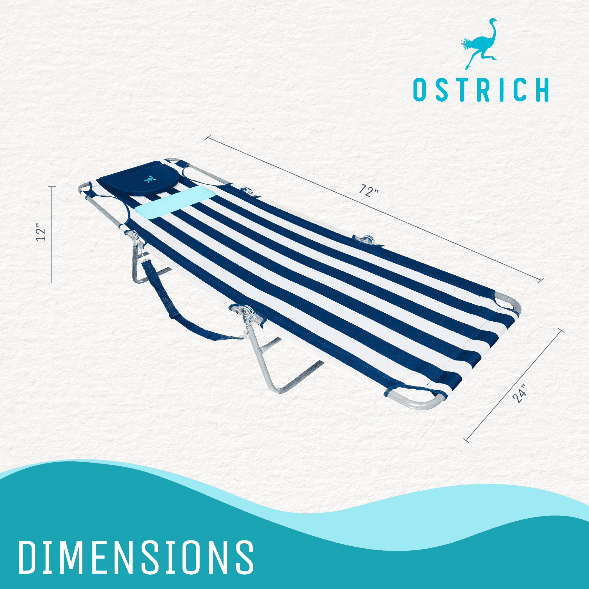 Ostrich Ladies Comfort Lounger Beach Chaise - Navy Striped, Polyester, Steel