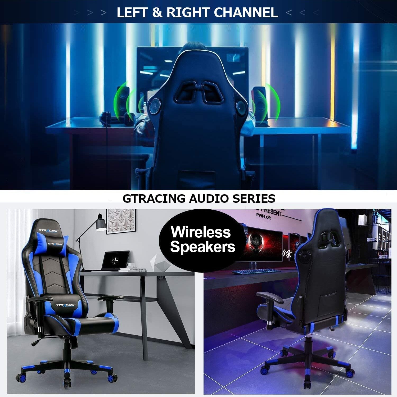 GTRACING Gaming Chair PU Office Chair with Speakers Bluetooth in Home, Blue