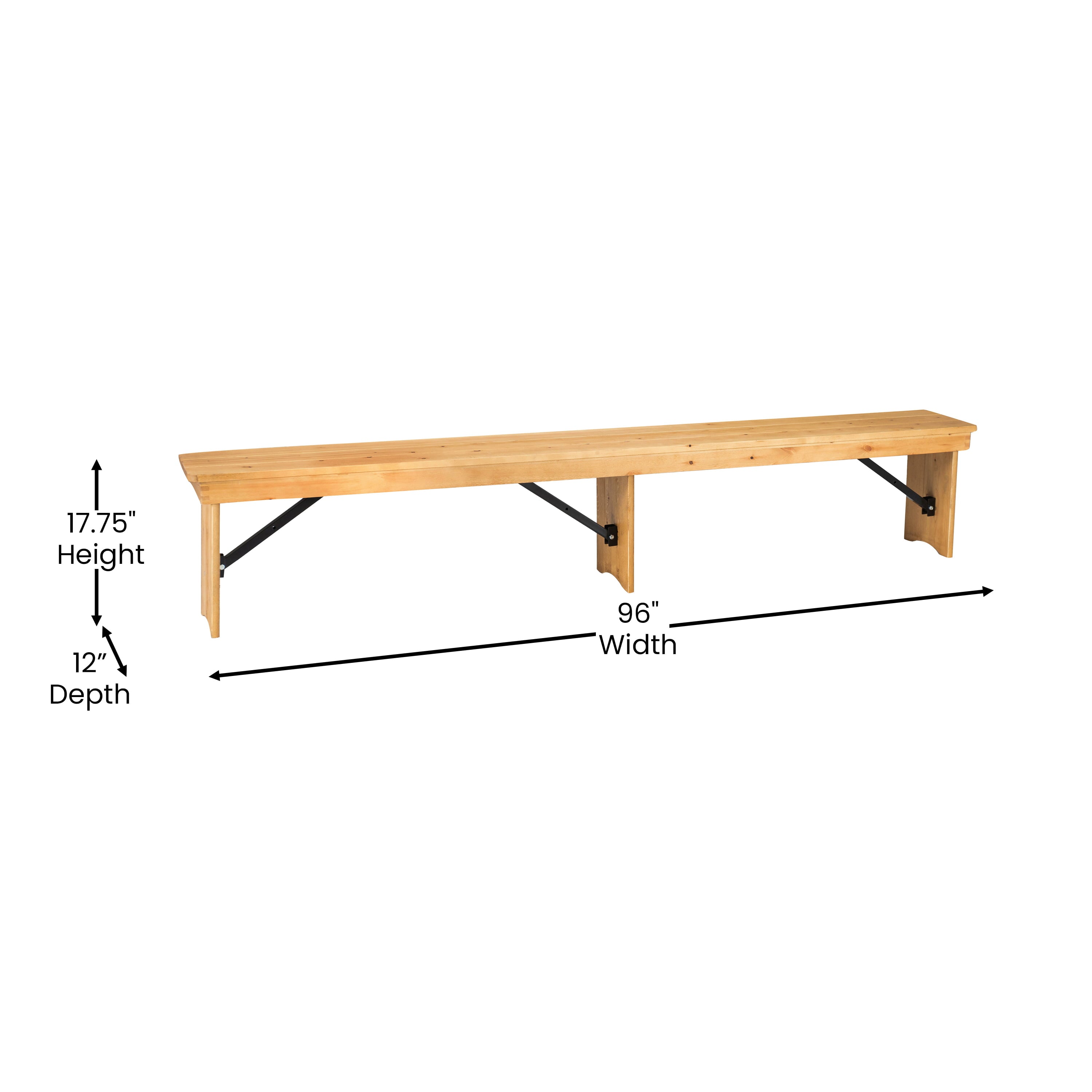 BizChair 8' x 12'' Antique Rustic Light Natural Solid Pine Folding Farm Bench with 3 Legs