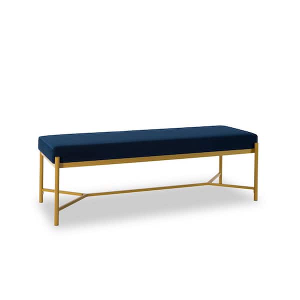 Navy Blue Velvet Upholstered Bench with Metal Frame 17 in. H x 55 in. W x 17.3 in. D