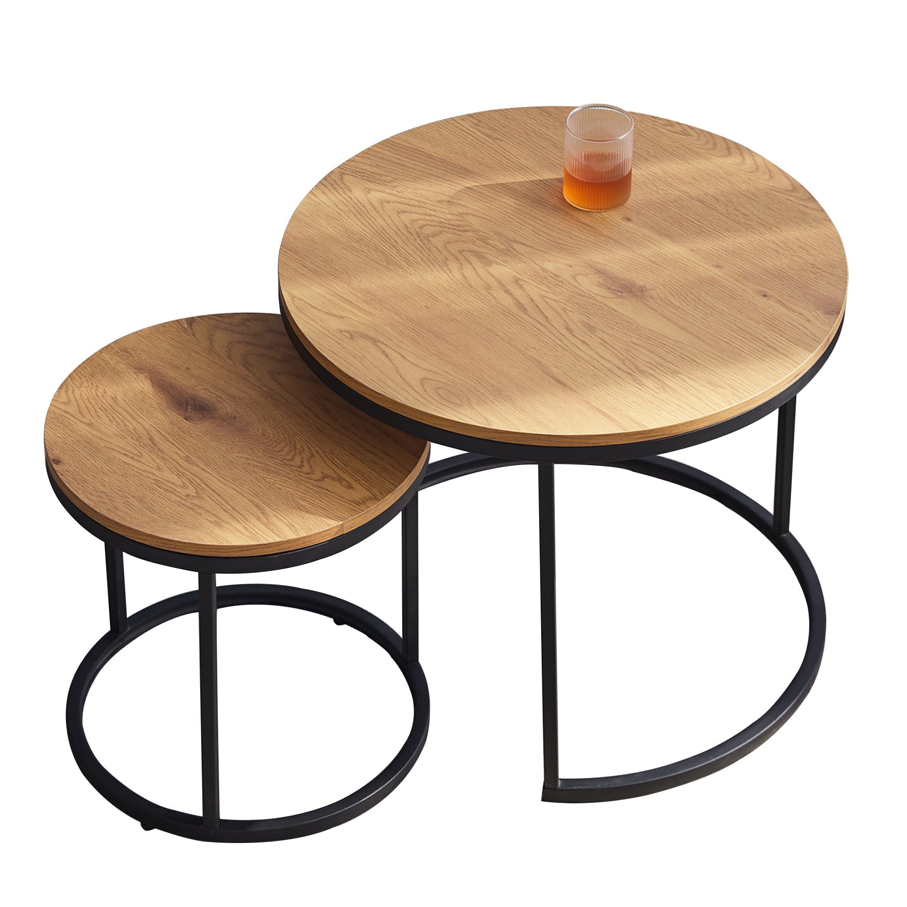 Round Nesting or Stacking Coffee Table Set of 2 Wood Finish Metal Frame,Light Aak