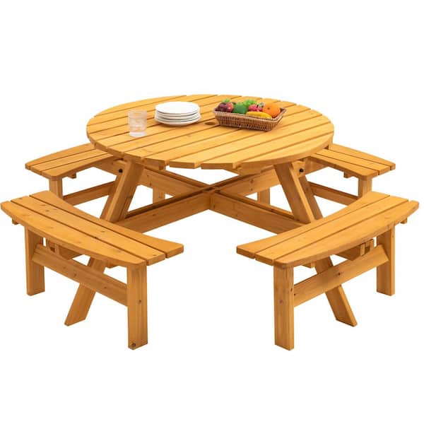 8-Person Circular Outdoor Wooden Picnic Table for Patio, Backyard, Garden with Umbrella Hole