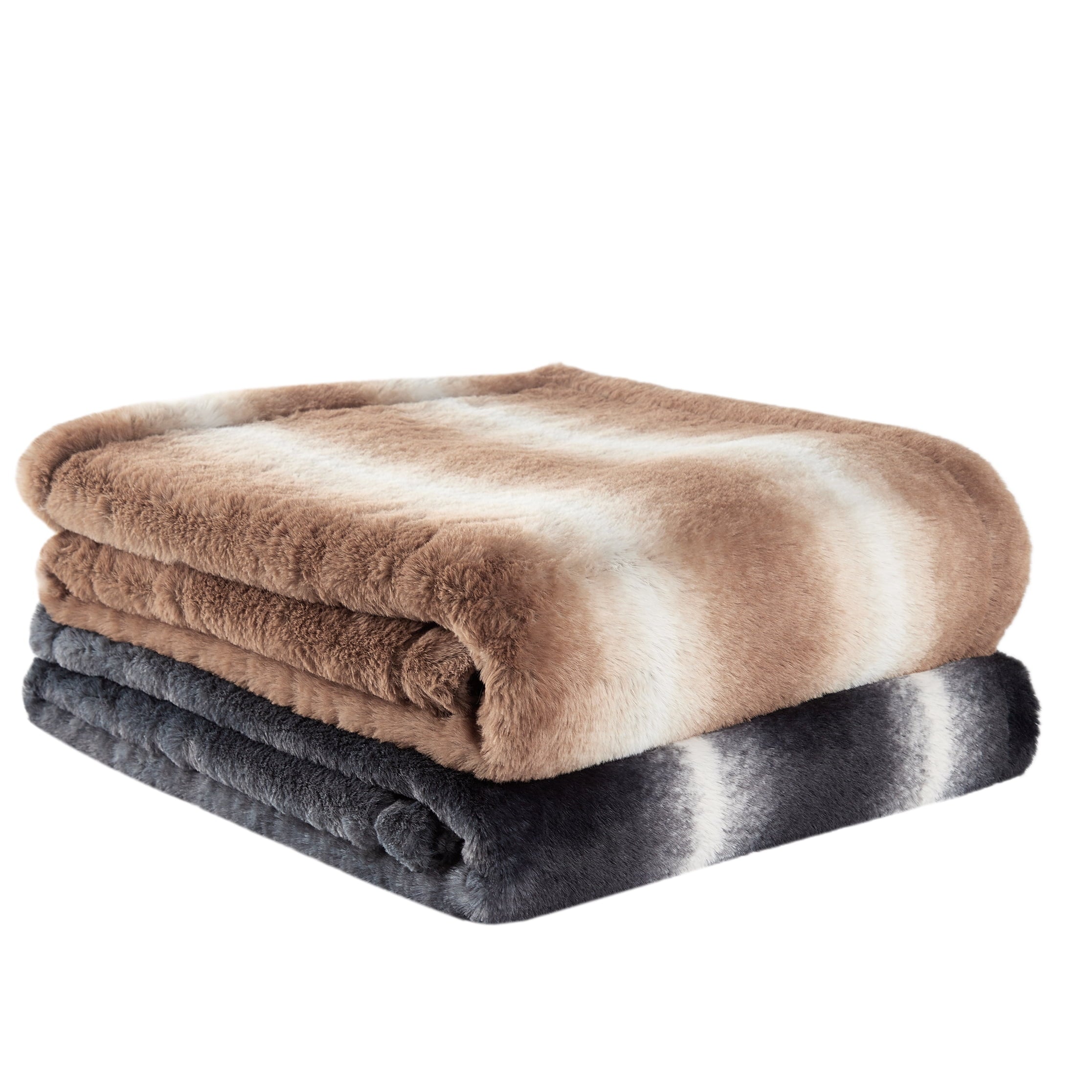 SoftLux Ombre Stripe Faux Fur with Velvet Plush Fleece Dual Layer Reversible Throw Blanket, 50