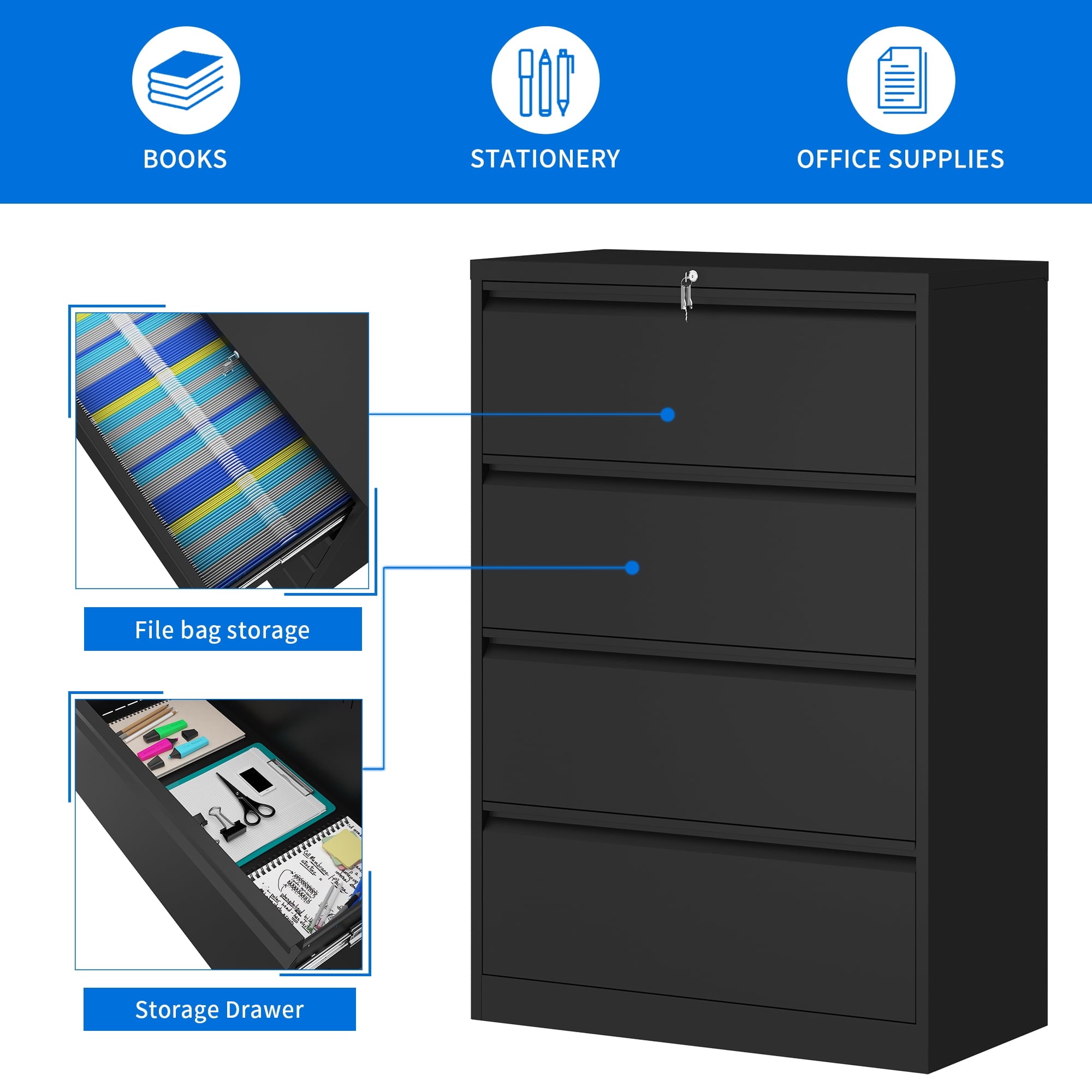 Dextrus Lateral Filing Cabinet with Lock, 4 Drawer Metal Stainless Steel Wide Lateral File Cabinet for Legal/Letter A4 Size, Office Organizer Storage Cabinet (Black)
