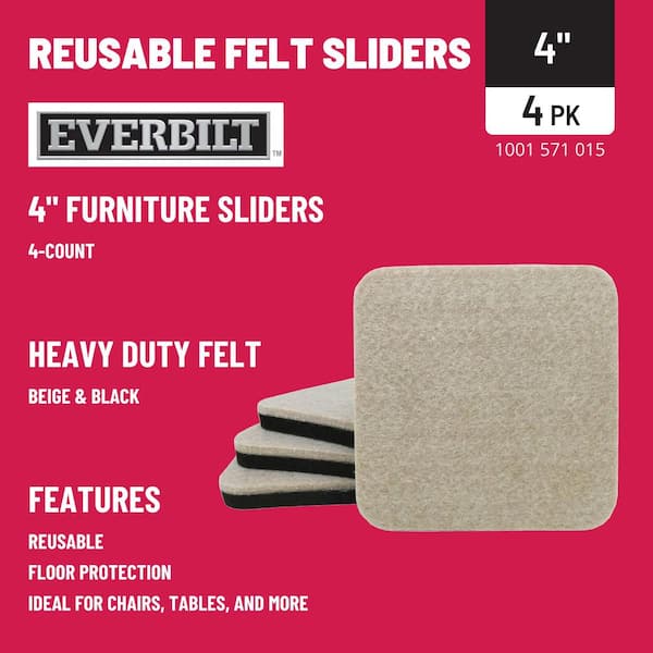 4 in. Beige and Black Square Felt Heavy Duty Furniture Slider Pads for Hard Floors (4-Pack)