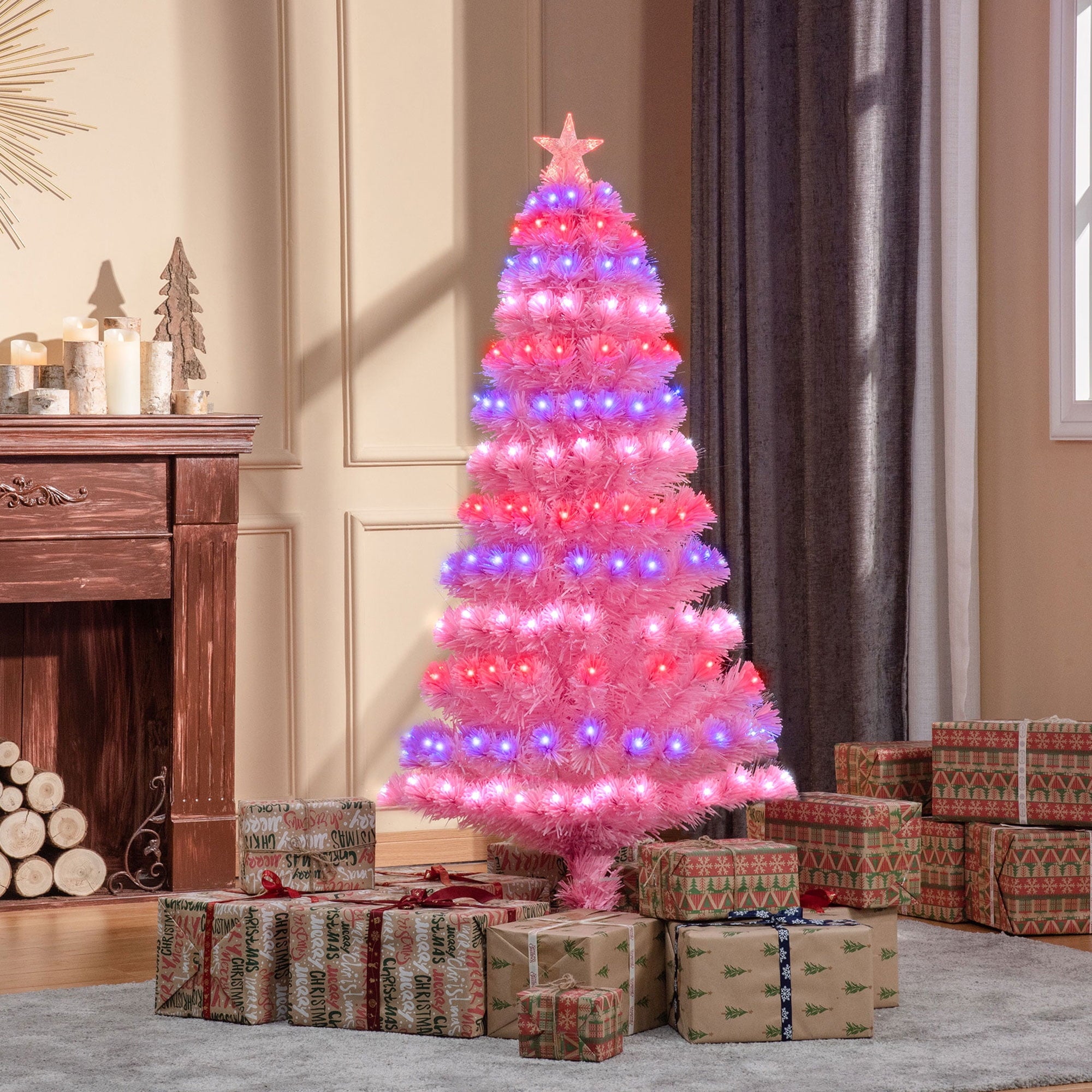 HOMCOM 5ft Prelit Artificial Christmas Tree with LED Lights, Multicolored Fiber Optics and Realistic Branch Tips, Pink