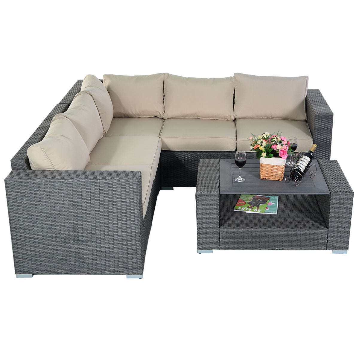 Costway 4 PCS 6 Seat Patio Garden Sofa Set Rattan Wicker Furniture Cushion