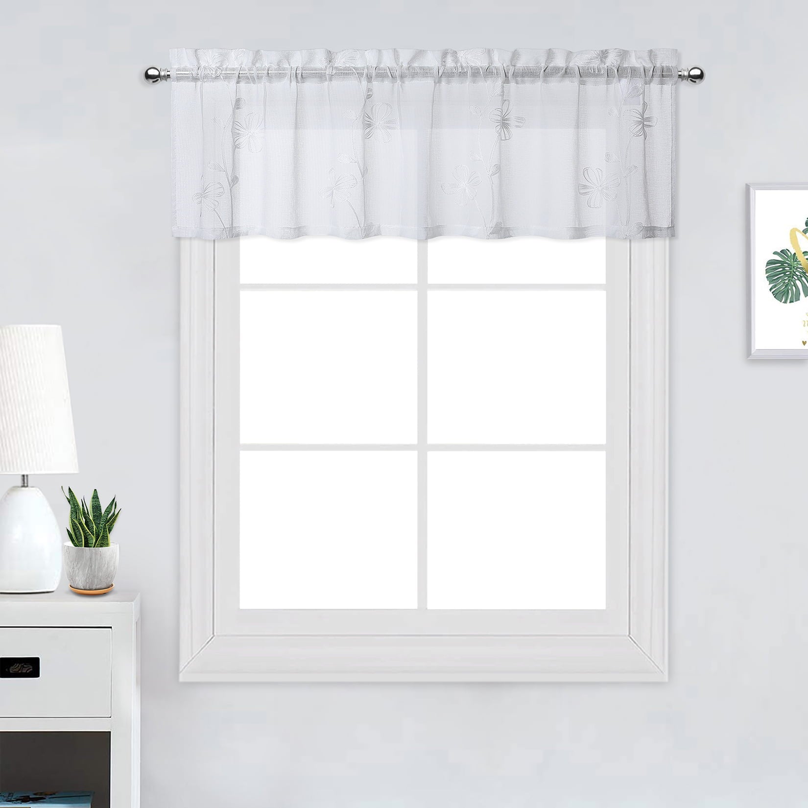 GymChoice White Sheer Valances,Floral Embroidered Small Curtains for Bathroom,  Cafe Laundry Basement,Semi-Sheer Curtains,Rod Pocket Bathroom Curtain Sheer Window Voile Curtain