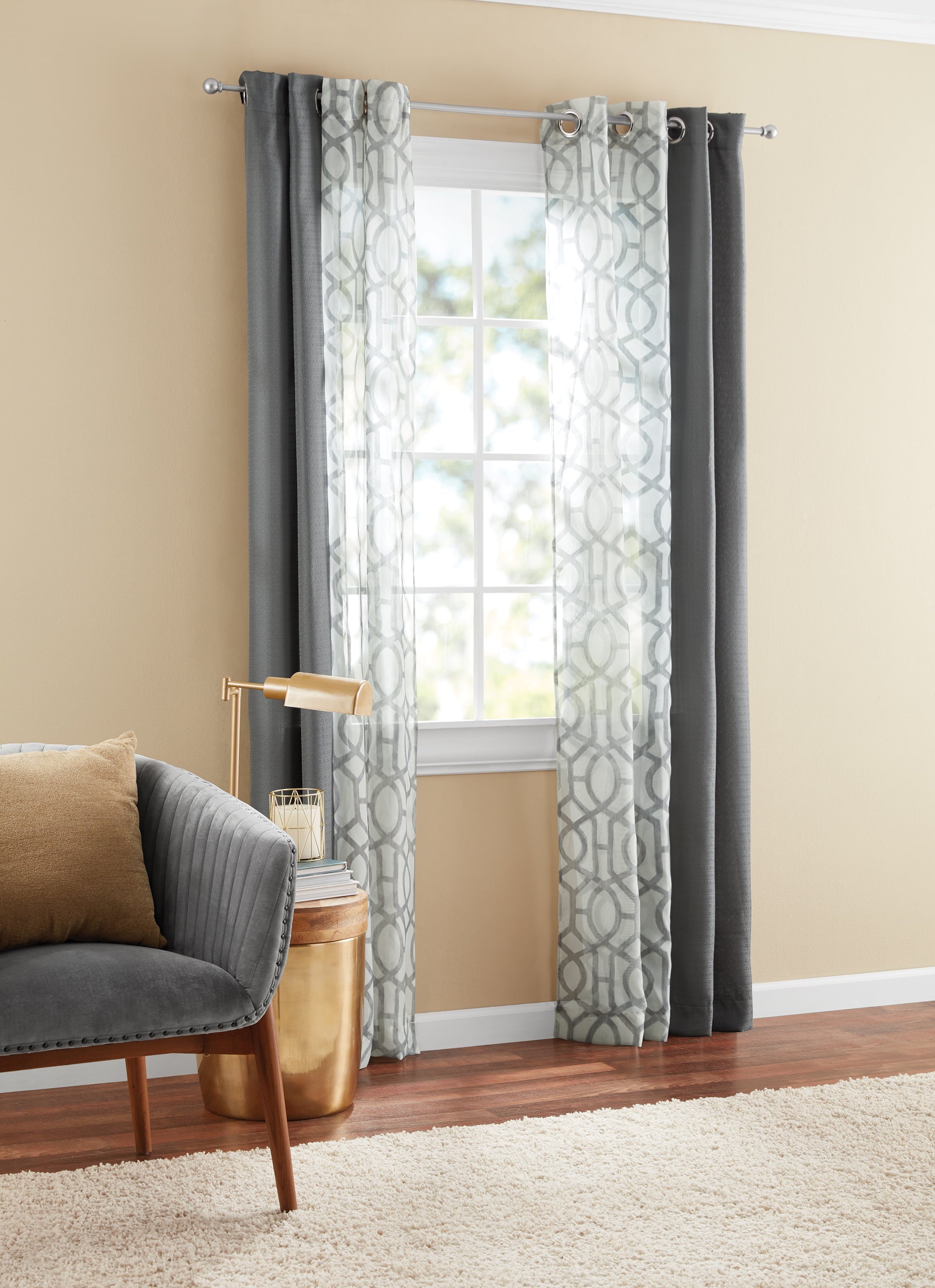 Mainstays Kingswood 4 Piece Curtain Set, 27.5x84, Grey Flannel