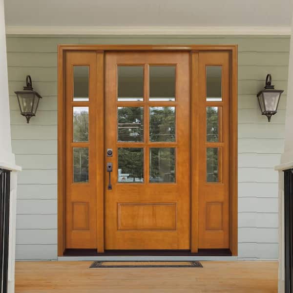 64 in. x 80 in. Craftsman Savannah 6 Lite RHIS Autumn Wheat Mahogany Wood Prehung Front Door with Double 12 in. Sidelite