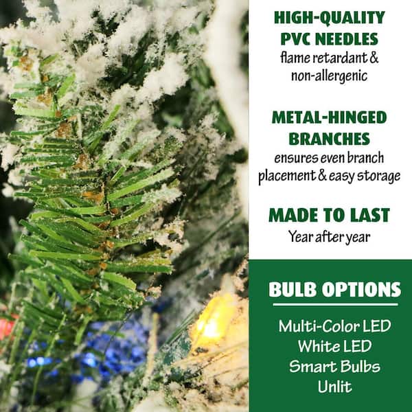 7.5 ft. Pre-lit LED Flocked Snowy Pine Artificial Christmas Tree with 650 Multi-Color Lights