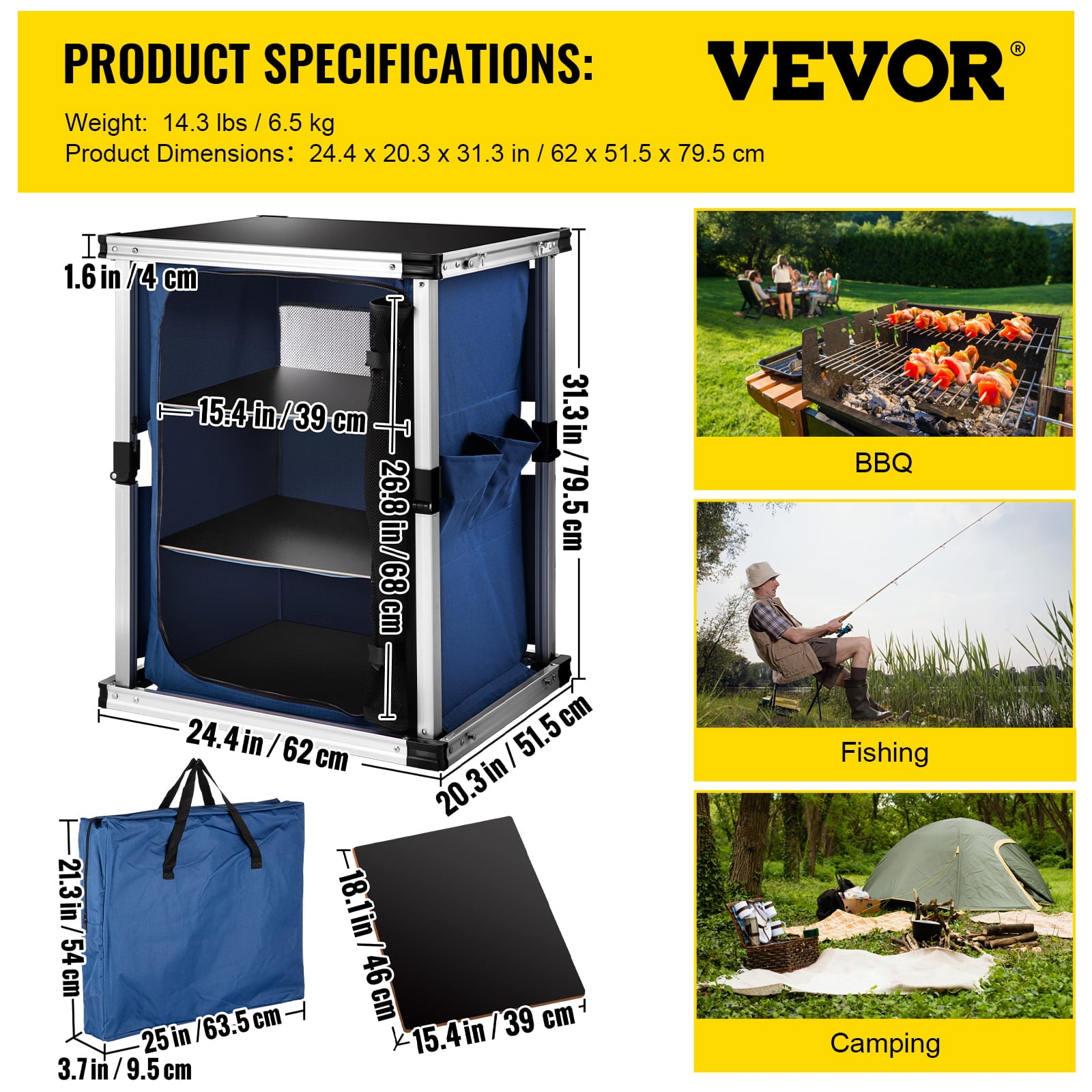 Camping Kitchen Station, Aluminum Portable Folding Cook Table with 3-Tier Storage Organizer, Side Pocket and Carrying Bag, for Outdoor BBQ Party Backyards and Tailgating, Blue