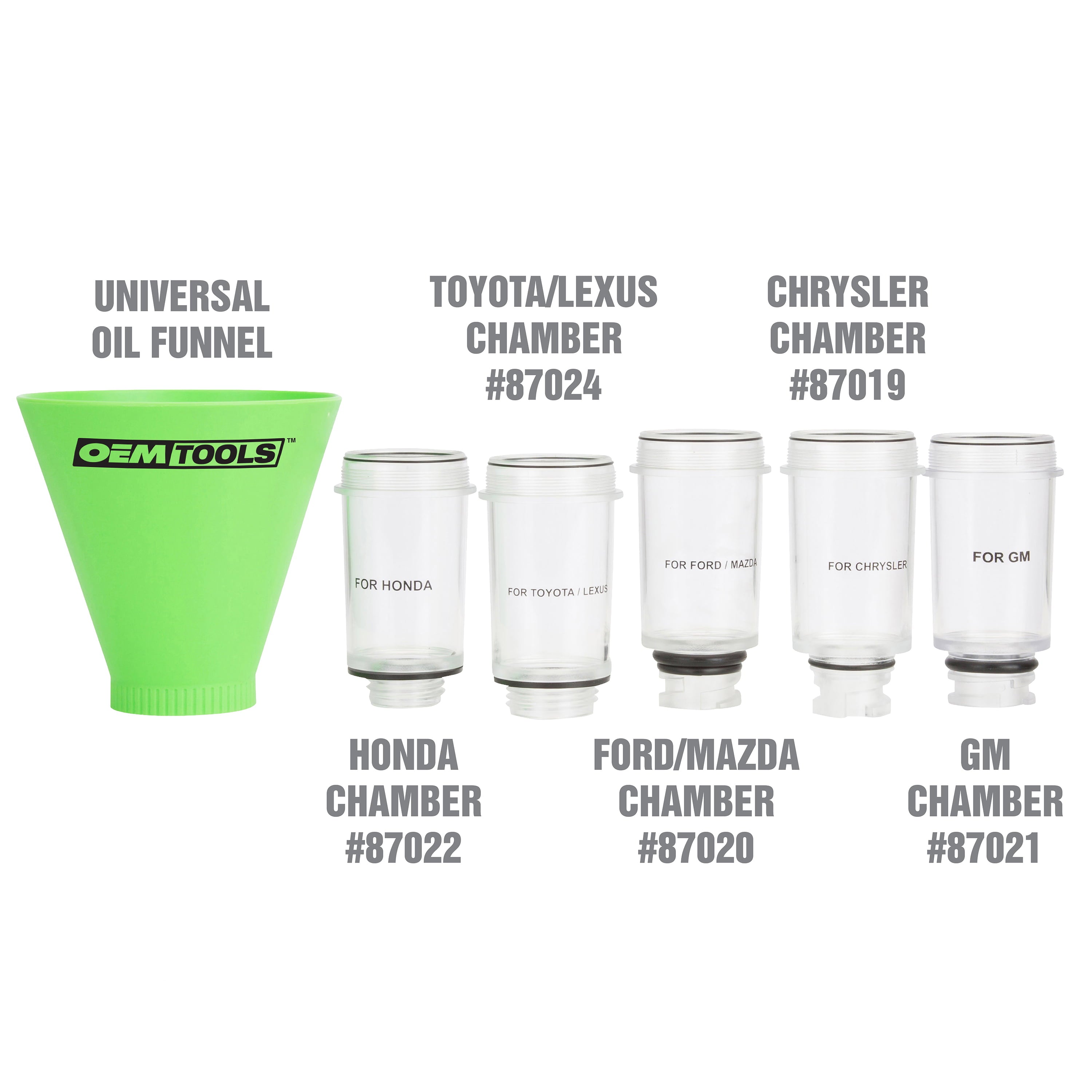 OEMTOOLS 87039 Universal No-Spill Oil Funnel | Interchangeable Oil Funnel Adapters Fit Ford, Toyota