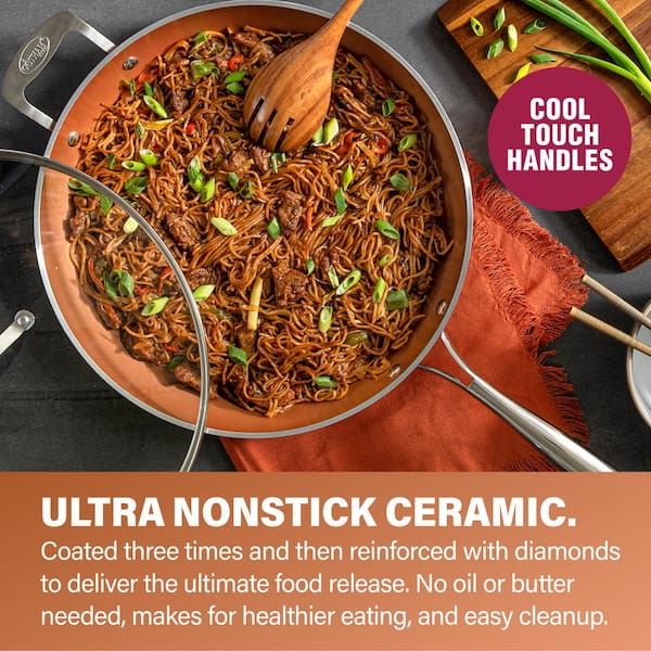 Hammered Copper 14 in. Aluminum Non-Stick XL Family Frying Pan with Glass Lid