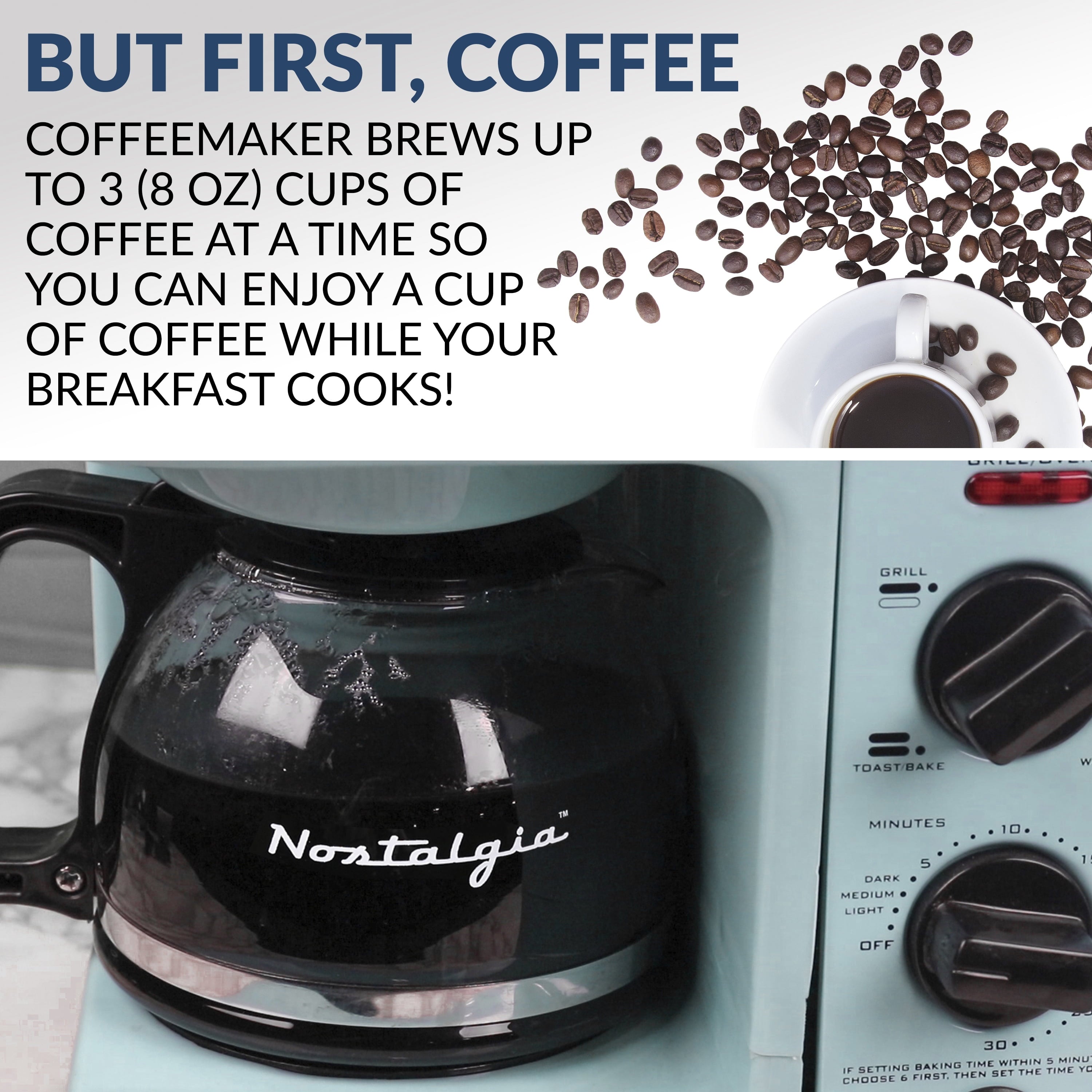 BST3AQ Retro 3-in-1 Family Size Electric Breakfast Station, Coffeemaker, Griddle, Toaster Oven - Aqua