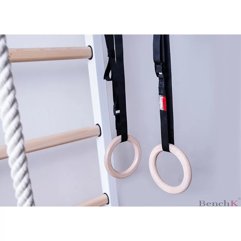 BenchK 211W + A204 White Wall bars for kids room with adjustable beech wood pull-up bar and gymnastic accessories