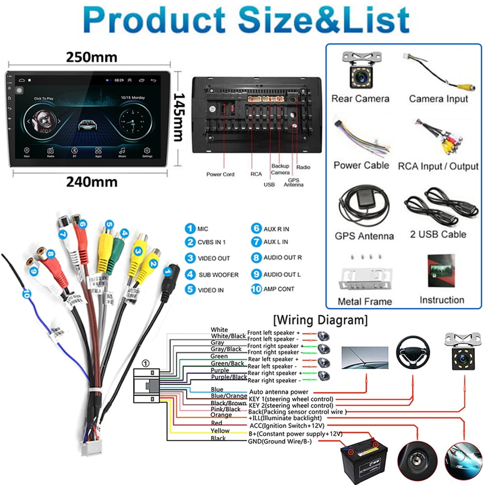 Podofo Android 12 Double 2 Din Car Stereo Radio 10.1'' HD Touch Screen 1080P 10 inch Car Multimedia Player Head Unit Bluetooth WIFI GPS USB FM Receiver Mirror Link, with Rearview Camera