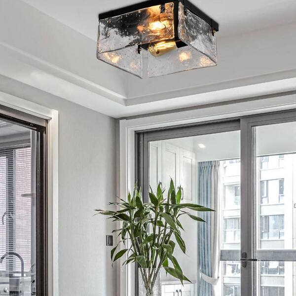 Raleigh 2-Light 11.81 in. Black Flush Mount with Water Glass Shade