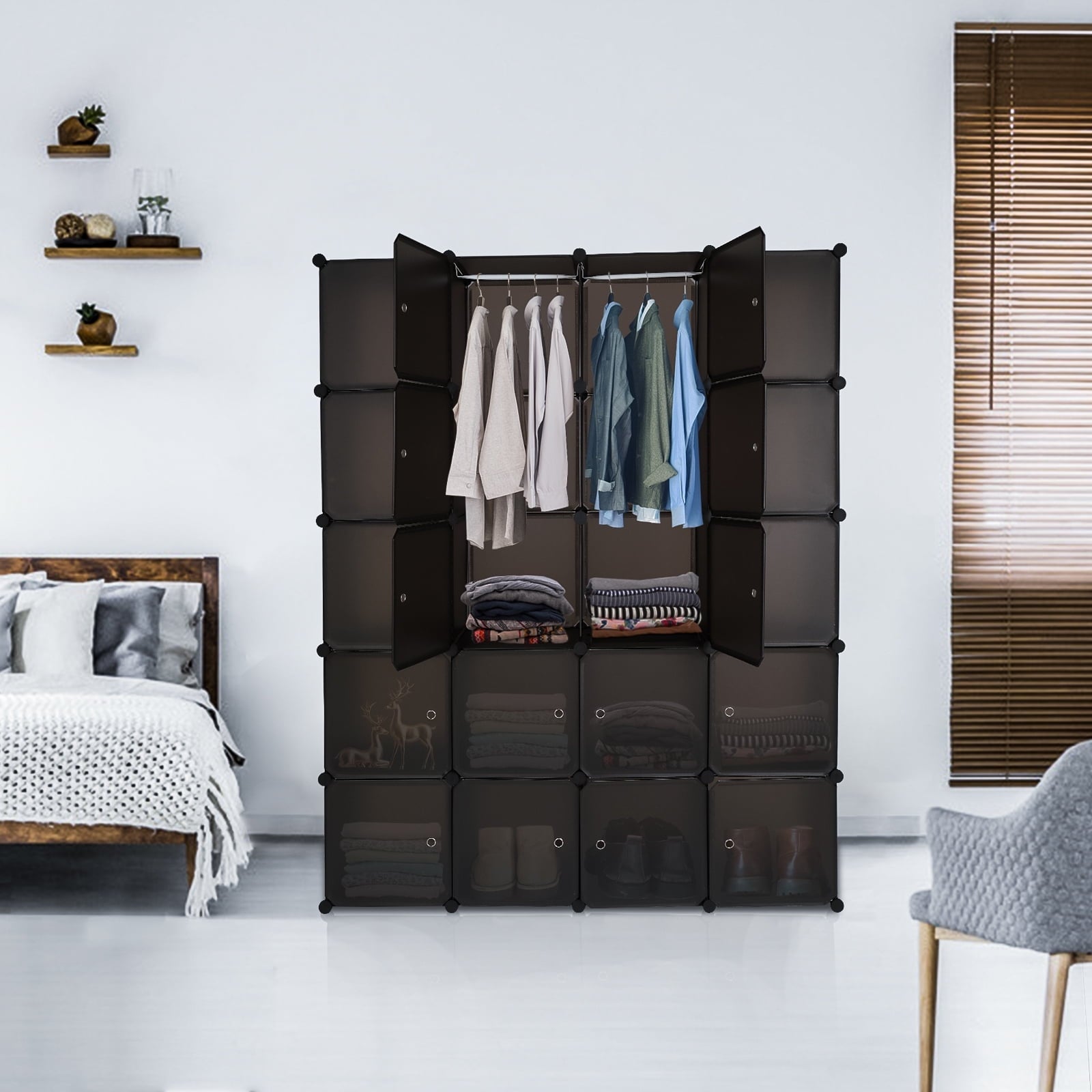 20 Cube Organizer Stackable, Plastic Portable Closet Wardrobe with Hanging Rod, Storage Organizer Cube for Hanging Clothes, Bedroom Armoire, Strong and Durable, Brown