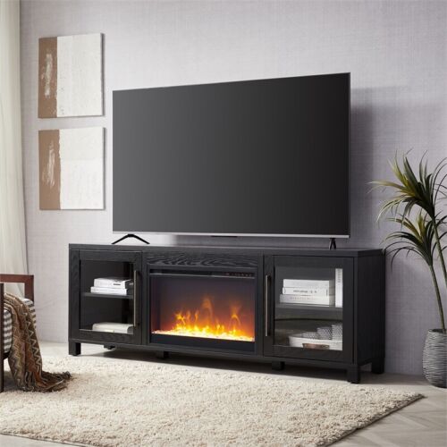 Henn&Hart 68" Black Grain/Glass Fireplace Insert TV Stand
